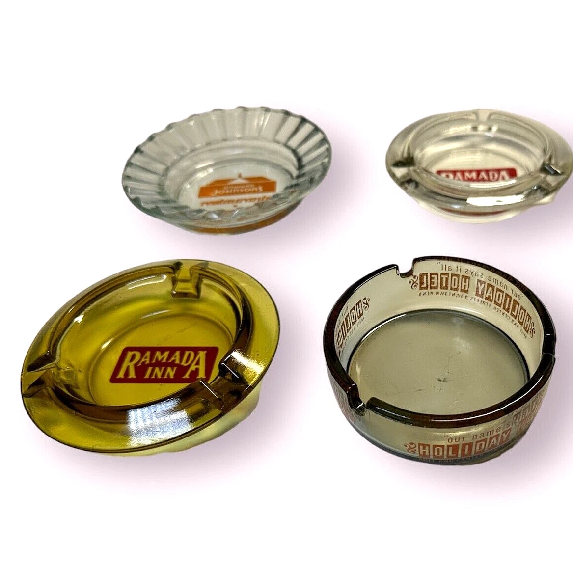 Howard Johnson  Ramada  Holiday Hotel  Ash Trays  Glass  (Lot: 4)  Vintage