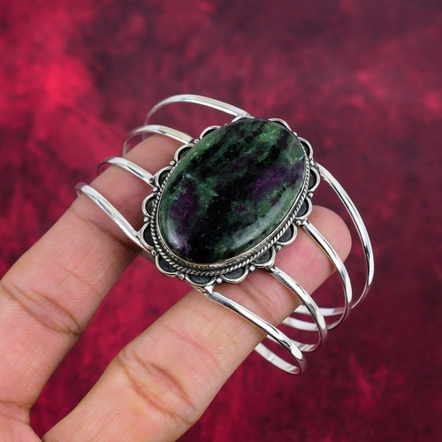 Ruby Zoisite Gemstone Handmade 925 Sterling Silver Adjustable Bangle Jewelry - Picture 2 of 5