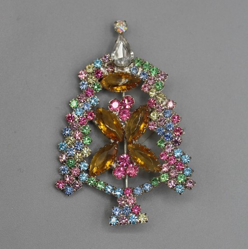 Vtg RON Rhinestone Christmas Tree Brooch Pin 1950s Pastel Crystal Large Austrian - 第 2/5 張圖片
