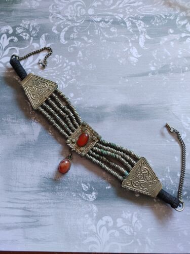 Vintage necklace brass metal cotton Arabic Egyptian Yemeni style Carnelian agate - Picture 2 of 7