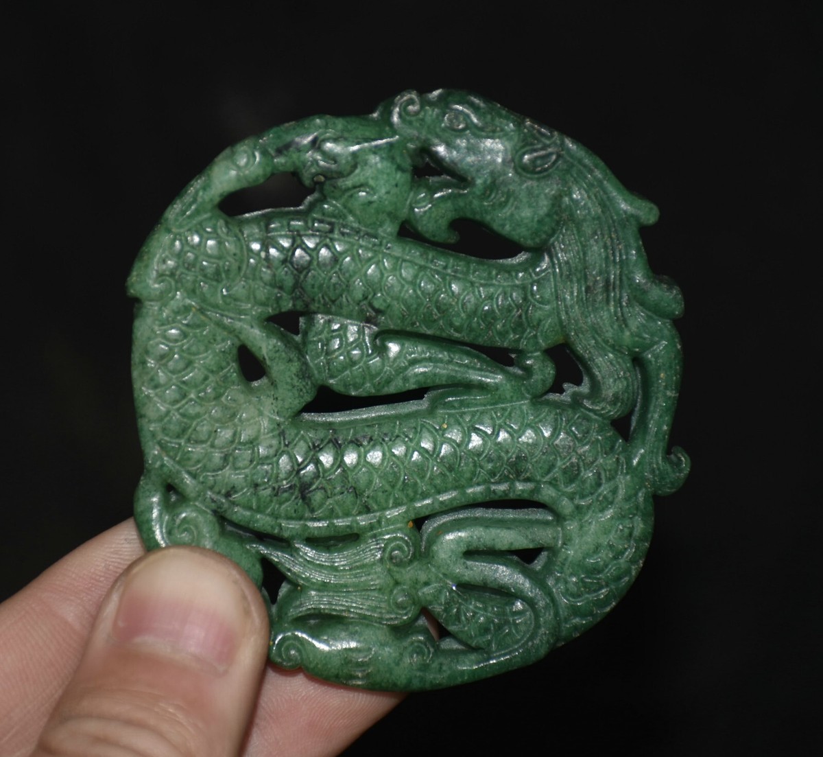 Old Chinese Green Jade Carving Fengshui Dragon Beast Yu Bi Pendant  Amulet
