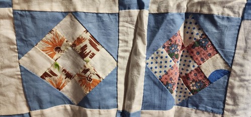 Quilt Top Feedsack old Shirts 78"X 31.5" flowers roosters birds kitsch Cottage - Photo 6 sur 13