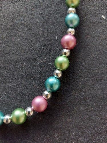 Metallic Pink, Blue & Green Beads with Silver Spacers Choker Necklace 16" - Picture 2 of 3