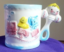 Vintage Ceramic Baby Cup Mug with Train Baby Rattle Handle 3D Made in Japan