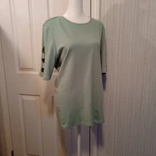 Kim Rogers Women's Preppy T-Shirt Size L Olive Strappy Short Sleeve Casual LNC 
