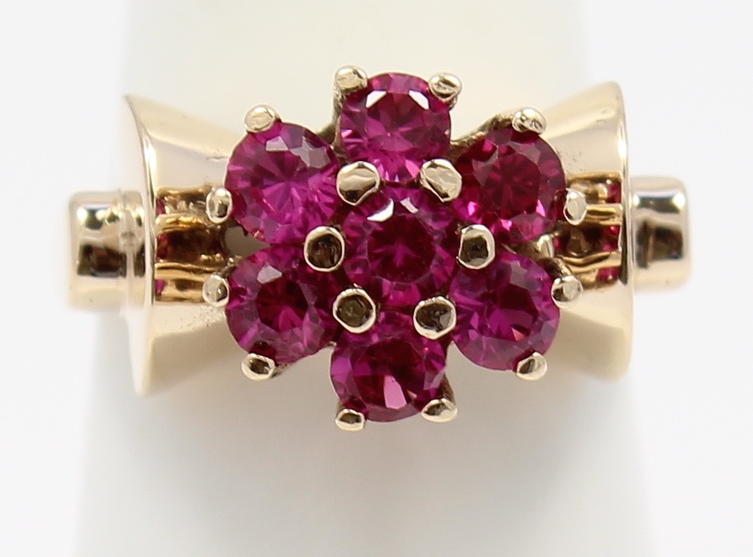 10k Yellow Gold Red Stone Ladies Cluster Ring - image 1