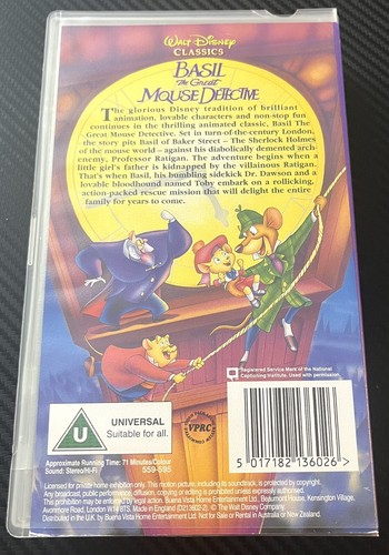 Basil The Great Mouse Detective VHS Tape Cert U Disney Animated Distributed UK - Picture 2 of 5