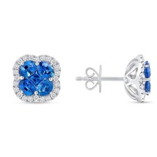 1.88CT Blue Sapphire 0.34CT Diamonds 18K Gold Stud Four Leaf Clover Earrings