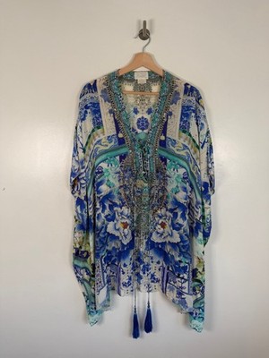 Camilla Kaftan Kleid blau 100% Seide verziert Quaste Boho Resort Oversized