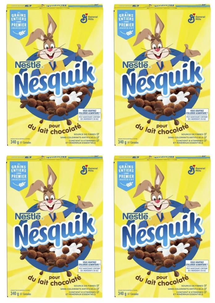 Nesquik Chocolate Desayuno Cereal, Granos Enteros y Fibra, 340g (Paquete de 4)