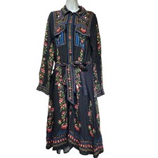 FARM RIO Toucan Tropical Floral Bird Garden Midi Button Up Dress Belted Size S