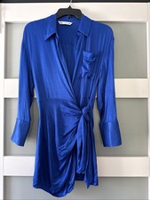 Zara Blue Satin Wrap Mini Long Sleeves V-neck Elegant Satin Dress Size M