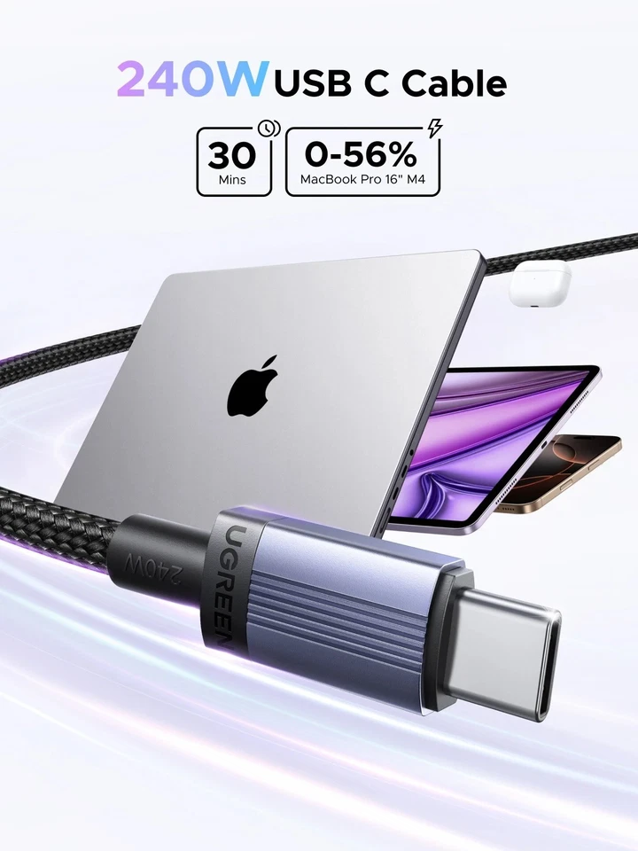 Cable UGREEN 240W USB C a tipo C PD 3.1 5A carga rápida Macbook iPhone Samsung Foto 2 de 4