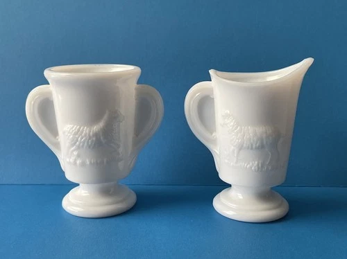 Vintage Boyd’s Milk Glass - Child's Lamb Ram Tea Creamer and Sugar Set