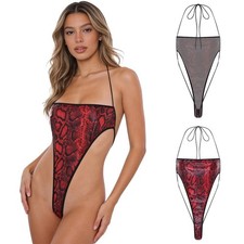 UK Women's PU Sexy Bikini Bodysuit Swimsuit Halter Backless Sling Shot Swimwear