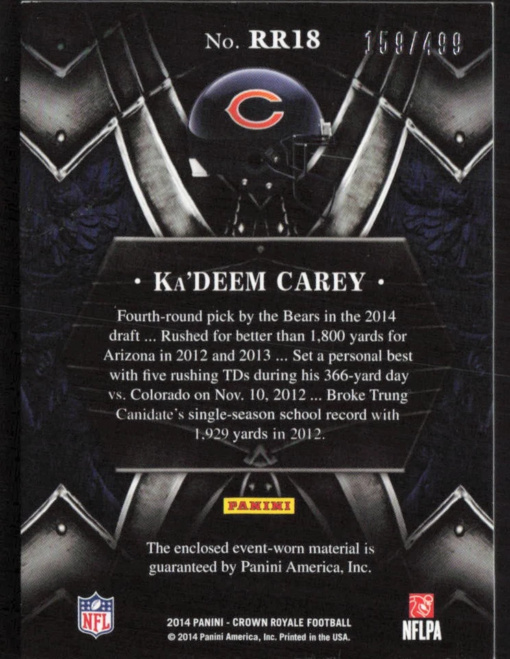 2014 Crown Royale Rookie Royalty Materials /499 Ka'Deem Carey #RR18 Bears - Image 2 of 2