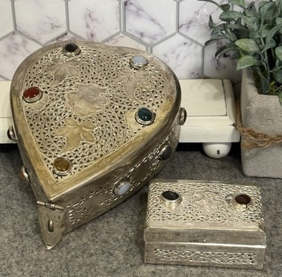 Vintage Silver Tone Lined Jewelry Trinket Box Set With Semi Precious Stones