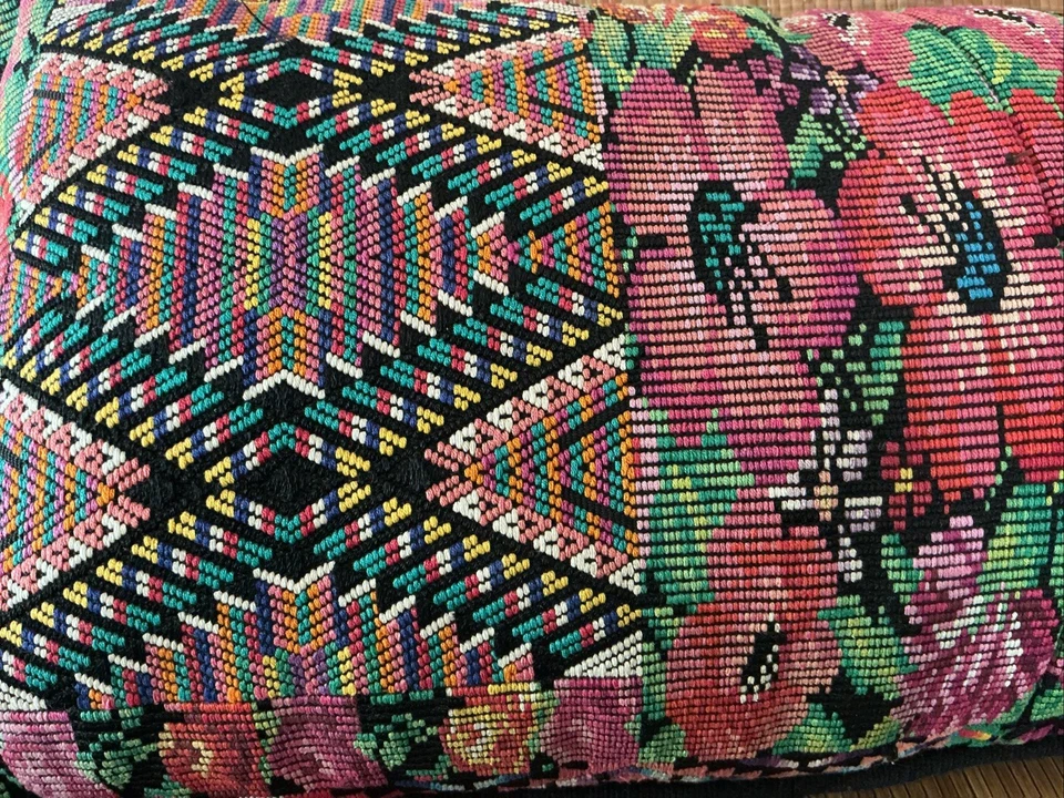 Guatemalan Multicolor pinks And Greens florals Long lumbar Bolster pillow - Image 3 of 4