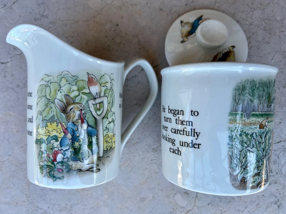 WEDGWOOD BEATRIX POTTER PETER RABBIT SUGAR & CREAMER SET ENGLAND 80s - Immagine 3 di 4