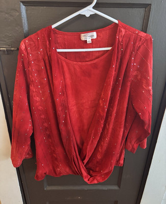 Eve & Maddie Women's Red Solid V-Neck 3/4 Sleeve Sequin Pullover Top Size L