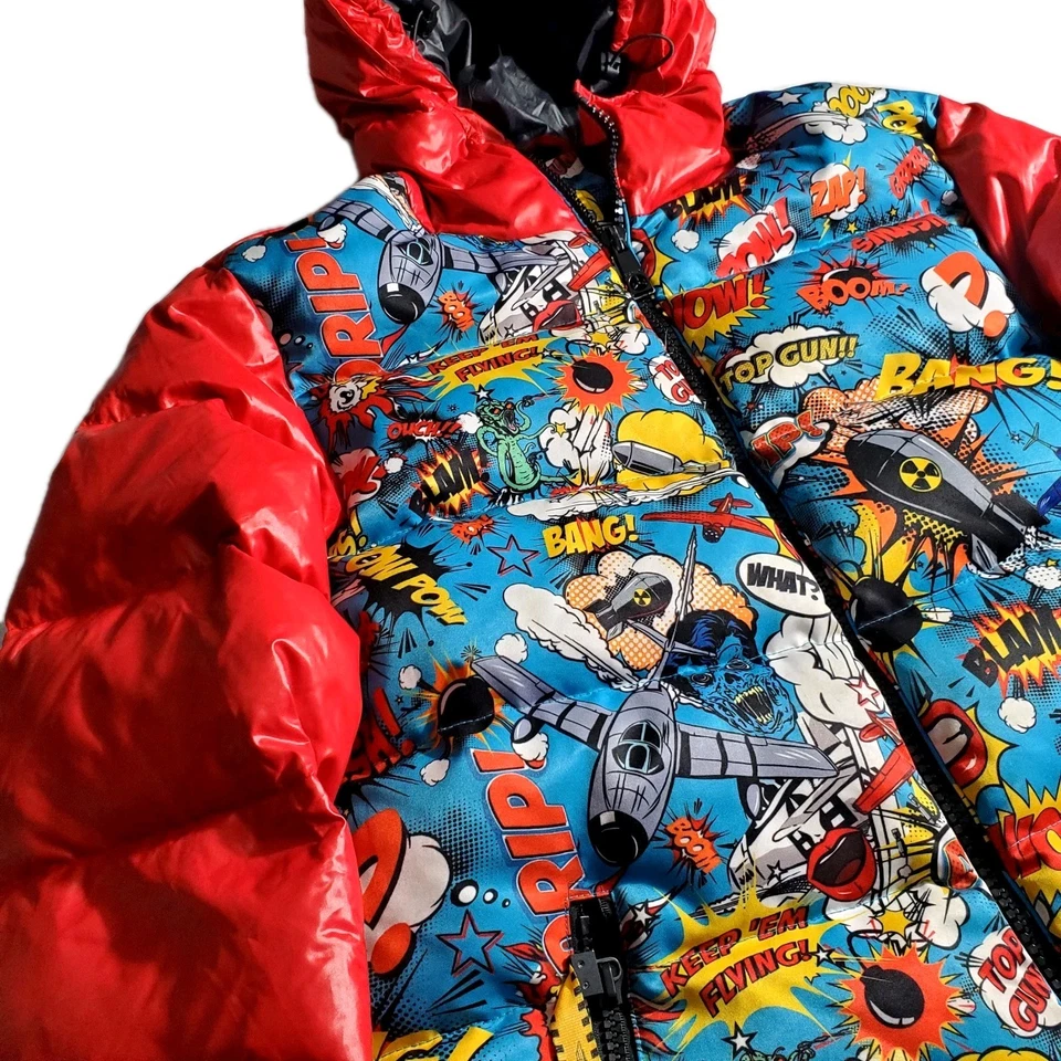 Top Gun Mens Hooded Down Puffer Coat Size XL Red Comic Graphic Print Airplanes - Image 3 of 4