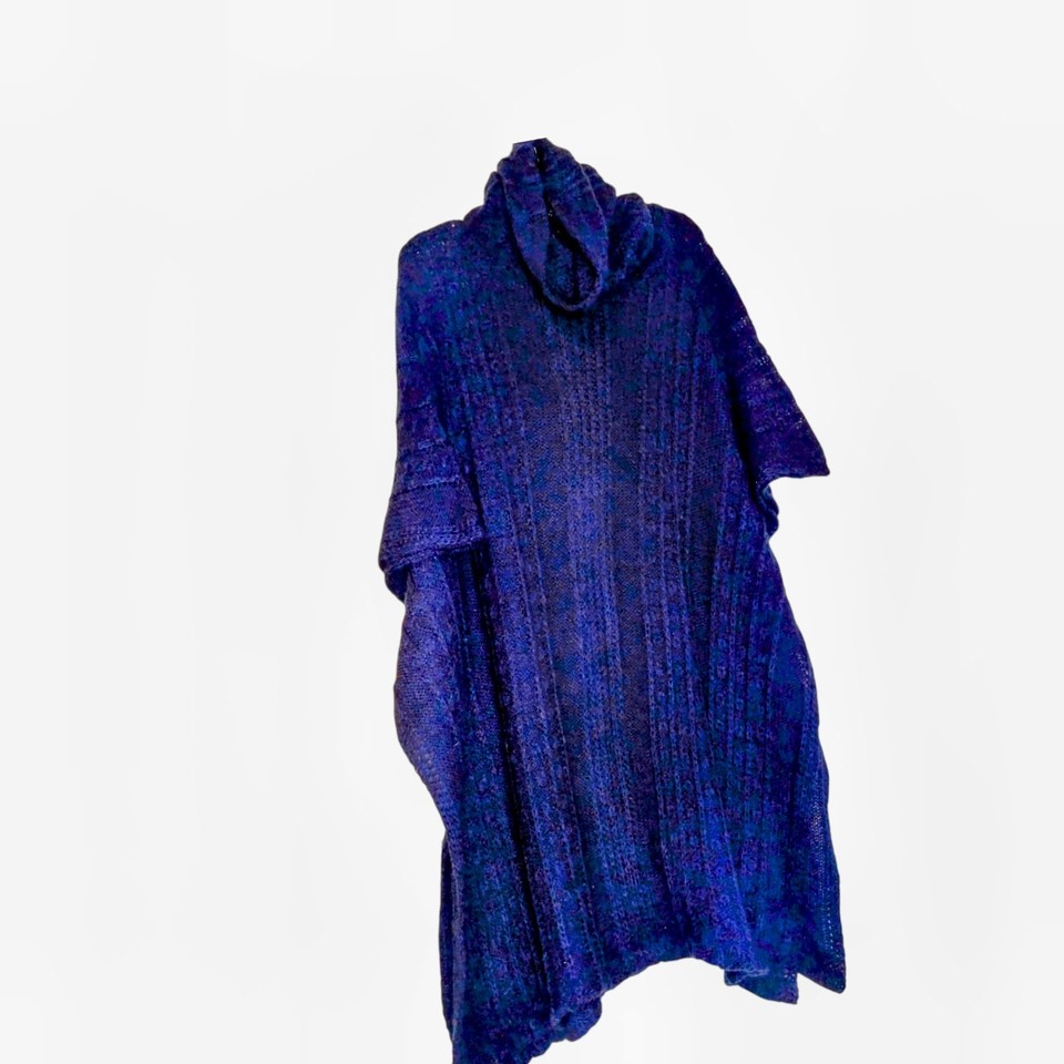 Navy Blue Cable-Knit Sweater Poncho Cowl Neck One Size Lagenlook Boho ...