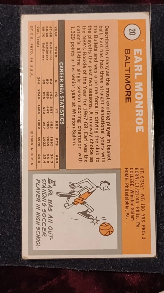 1970-71 Topps Basketball - #20 Earl Monroe - Baltimore Bullets EX Condition  - Image 2 of 2