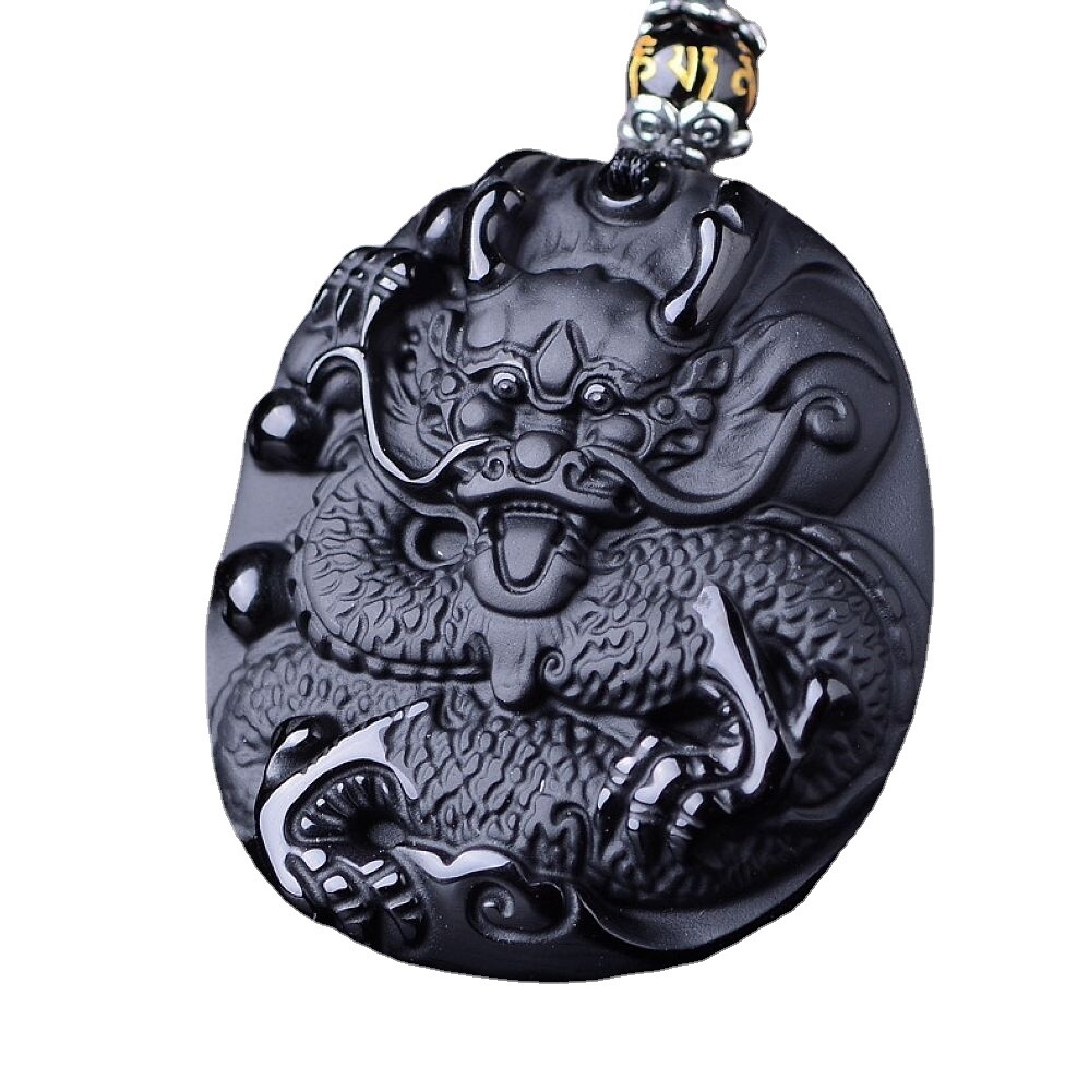 Natural black Obsidian crystal dragon Necklace pendant with adjustable Chain