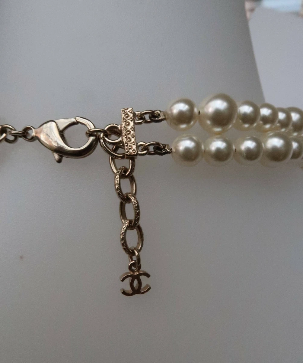 Chanel Gold Tone pearl Double Strand Cc Logo Long Necklace