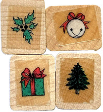 Set of 4 Mini Holiday Christmas Winter Rubber Stamps Tree Holly Jingle Bell Gift