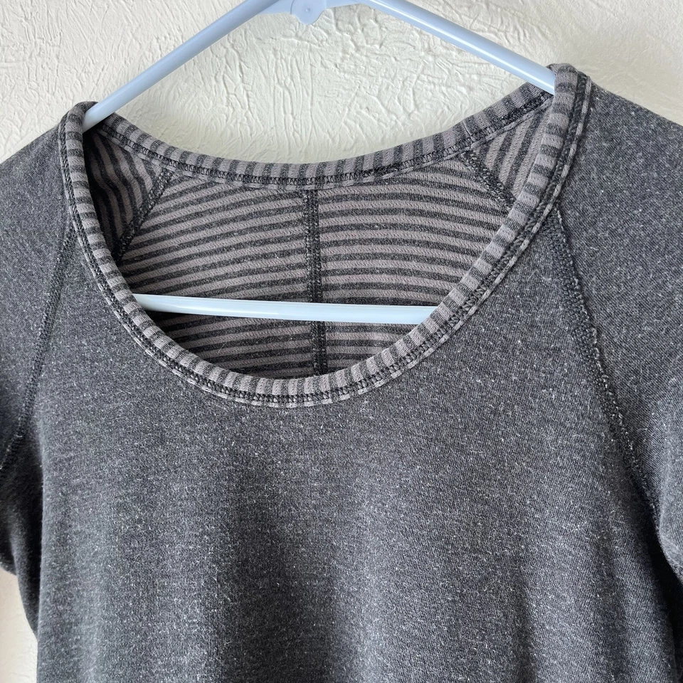 LULULEMON Top Long Sleeve Open Your Heart Sz 4? Reversible Gray Soot Stripe - Image 3 of 4