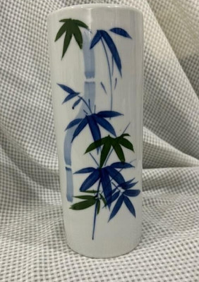 Pottery and handpainted blue and green bamboo Asian  vase