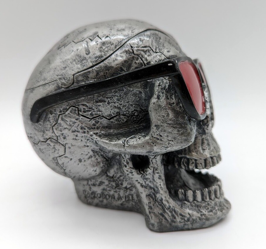 New Skull Head with Red Glasses Ashtray Pewter Finish By Adams