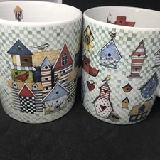 LANG & WISE "BIRDHOUSE PATCHWORK" “FOR RENT” collectible mugs (birdhouse lot)