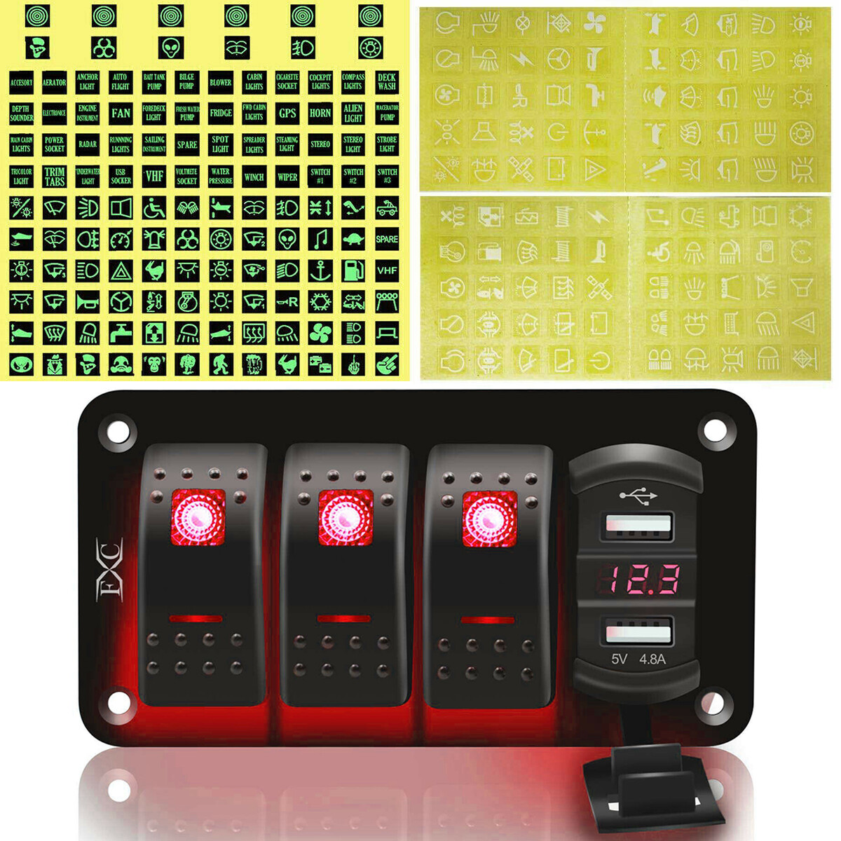4 Gang Red LED Waterproof Rocker Switch Panel Breaker Car Marine 