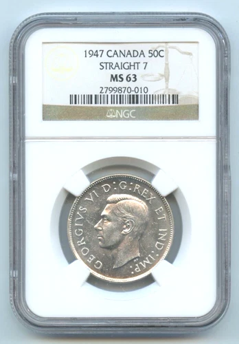 1947 Canada Silver Half Dollar, Straight 7 Variety, NGC MS63, Free Shipping