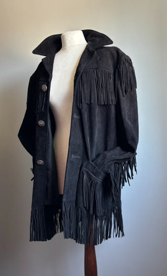 VINTAGE SUEDE FRINGE JACKET 40 42 cowboy leather heavy rock biker REAL tassles - Image 2 of 4