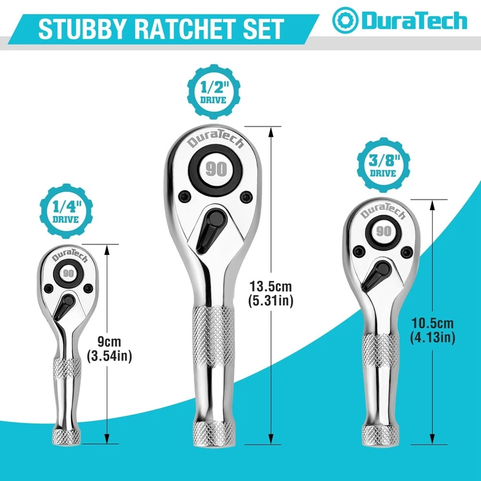 DURATECH 3PCS Stubby Ratchet Wrench Set 90-Tooth 1/4" 3/8" 1/2" Dr Socket Wrench - Image 2 of 4