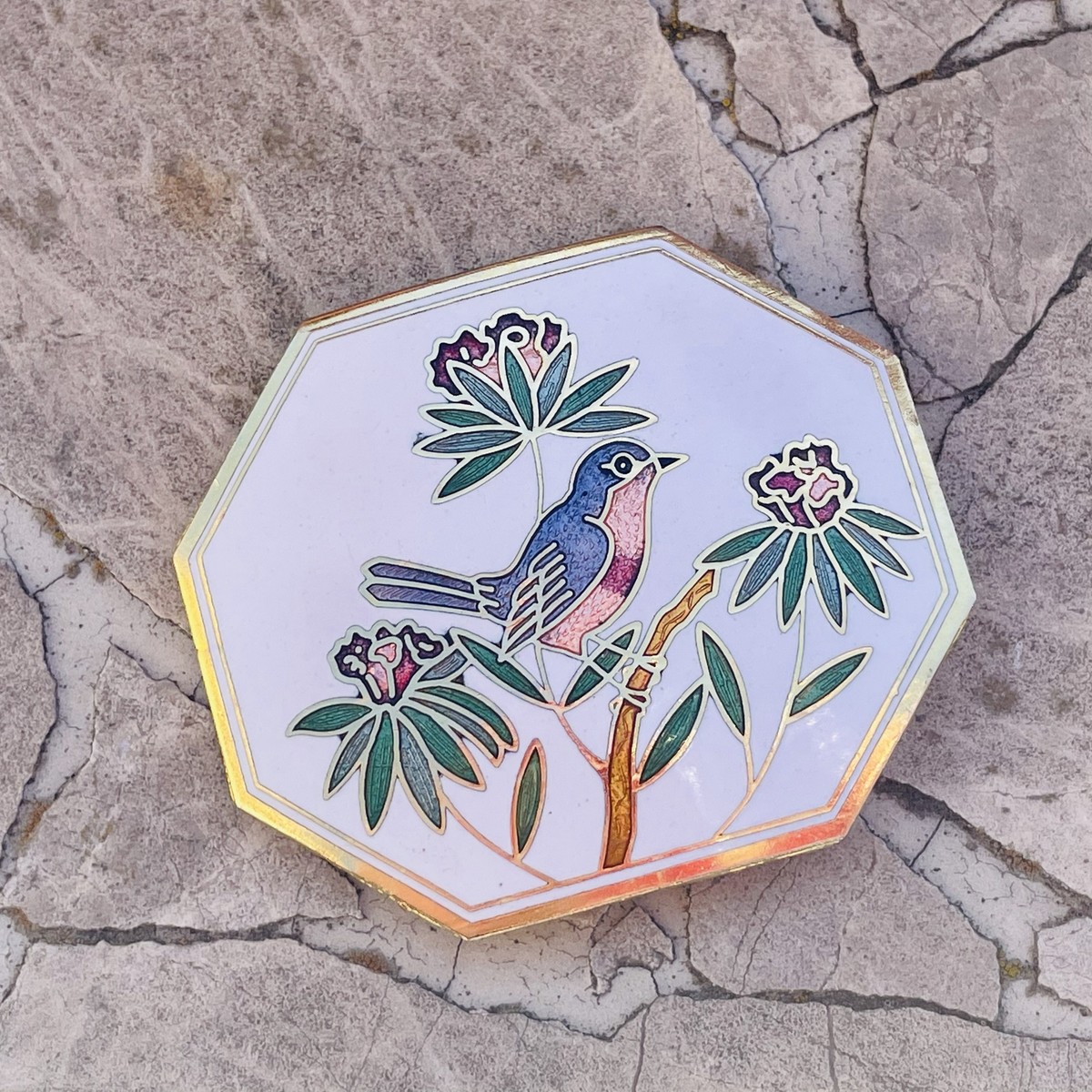 Vintage Enamel White Gold Colorful Tone Bird Flower Bolo 