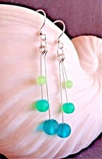 CARIBBEAN GREENS cultured sea glass 2" drop earrings silver plated posts