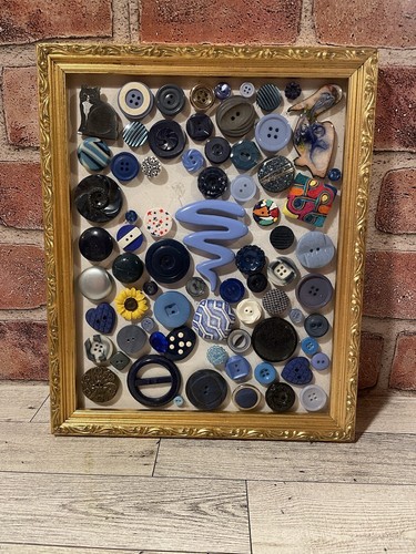 Vintage Jewlery/Buttons, Various Colors Of Blue, Framed Art Decor