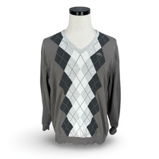 Lacoste Sweater Men  s 6 Gray White Black Argyle Knit V-Neck Long Sleeve Pullover