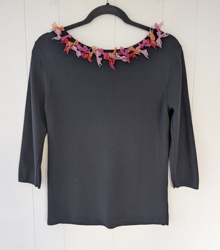 Vintage Kitkit Organza Bow Top M Black Ribbed Knit Boat Neck 3/4 Sleeve Kawaii