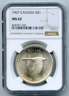 1967 S$1 CANADA SILVER FLYING GOOSE DOLLAR NGC MS62 UNCIRCULATED COIN