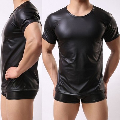Tee Men T-Shirts Wet Look Breathable Comfortable Faux Leather Round Neck