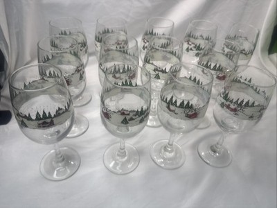 Libbey Currier Ives Wine Glasses Water Goblet Christmas Winter Scene Set of 13