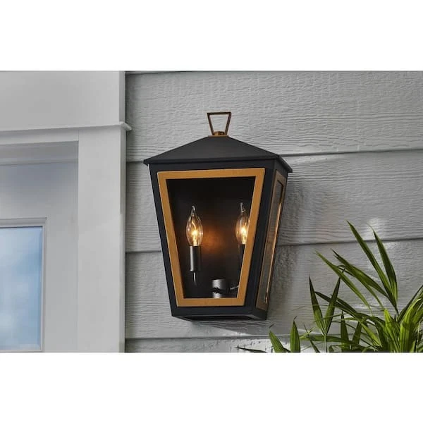 Aplique de pared exterior de 2 luces negro y dorado de 16"" con accesorio tradicional Foto 2 de 4