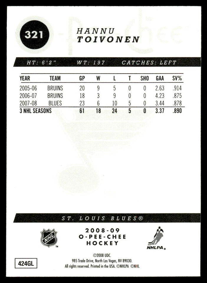 2008-09 O-Pee-Chee Gold Hannu Toivonen St. Louis Blues #321 - Image 2 of 2