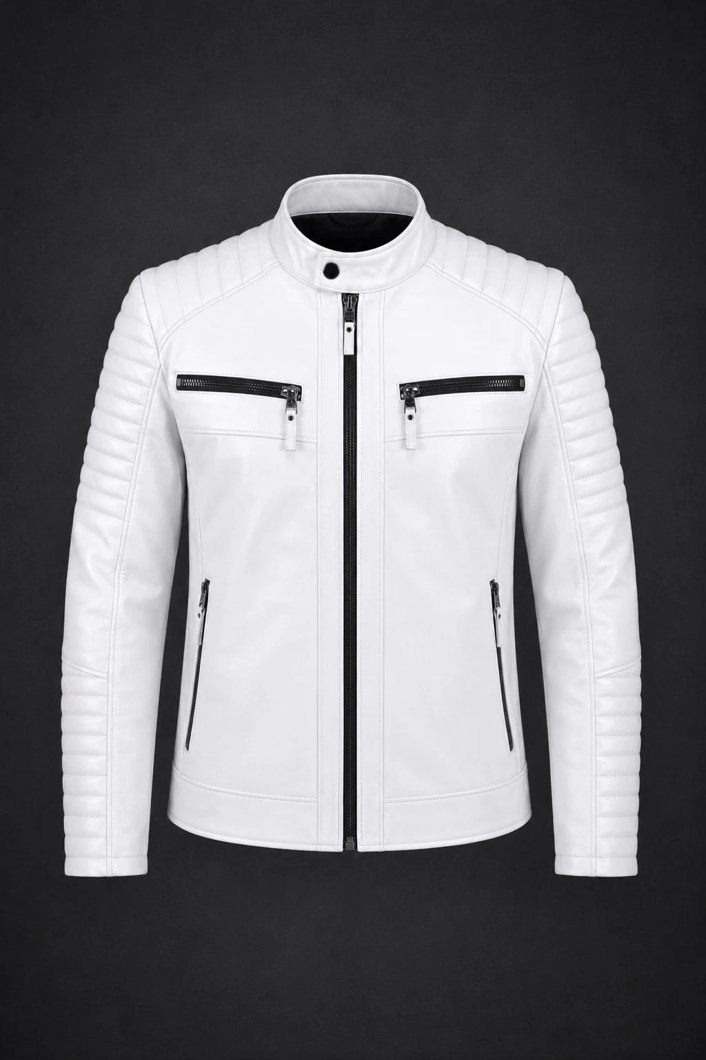 Mens White Leather Jacket Slim Fit Cafe Racer Quilted Motorcycle Moto Biler Coat