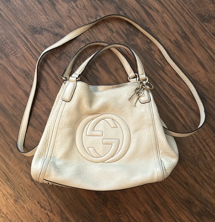 GUCCI Soho Leather Tote Bag 2-Way Beige with Gold Keychain